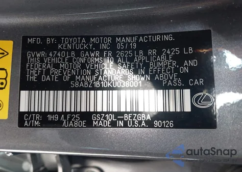 2019 Lexus Es 350 F Sport из США, поврежденный, VIN 58ABZ1B10KU038001